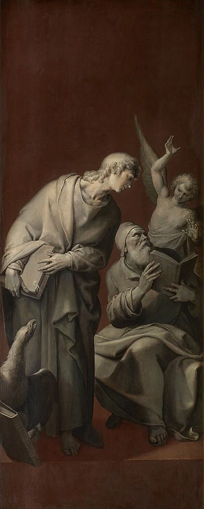 Pala d'altare della Gilda di San Luca di Marten Pepijn, Maerten de Vos e Otto van Veen - Santi Giovanni e Matteo, Koninklijk Museum voor Schone Kunsten, Anversa, dettaglio